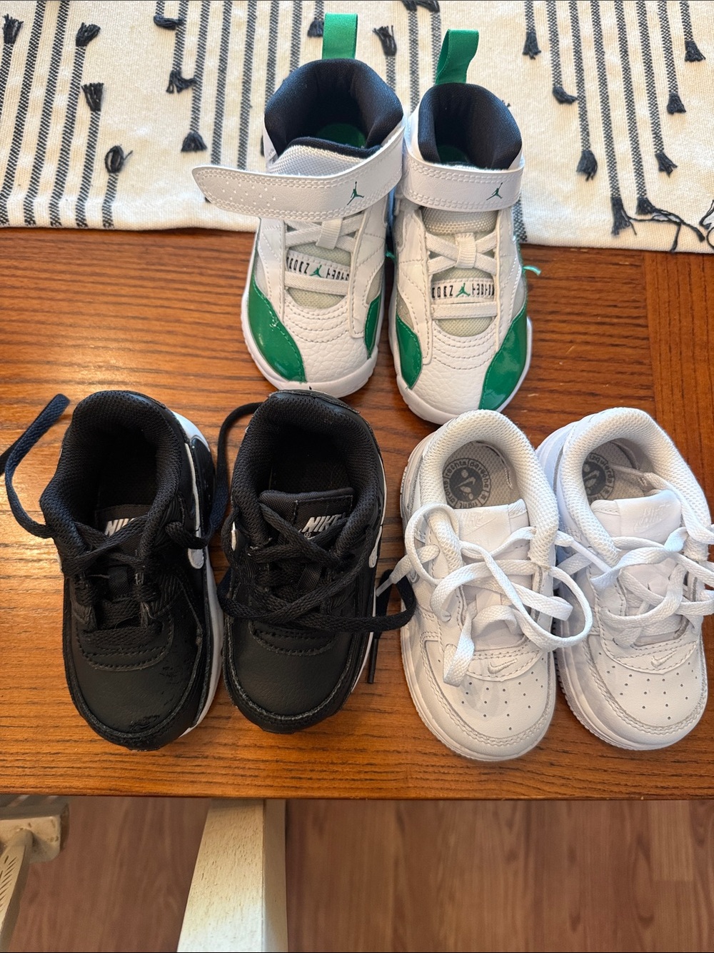Nike Kids Sneakers Trio — Black, White, and White/Green (3 Pairs)